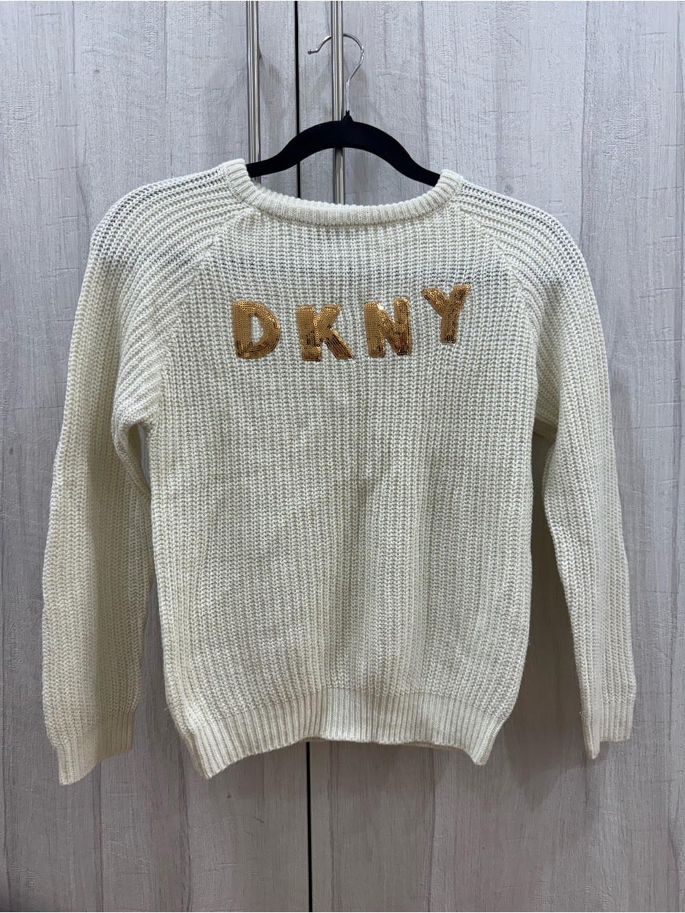 DKNY White Knit Sweater with Gold Logo